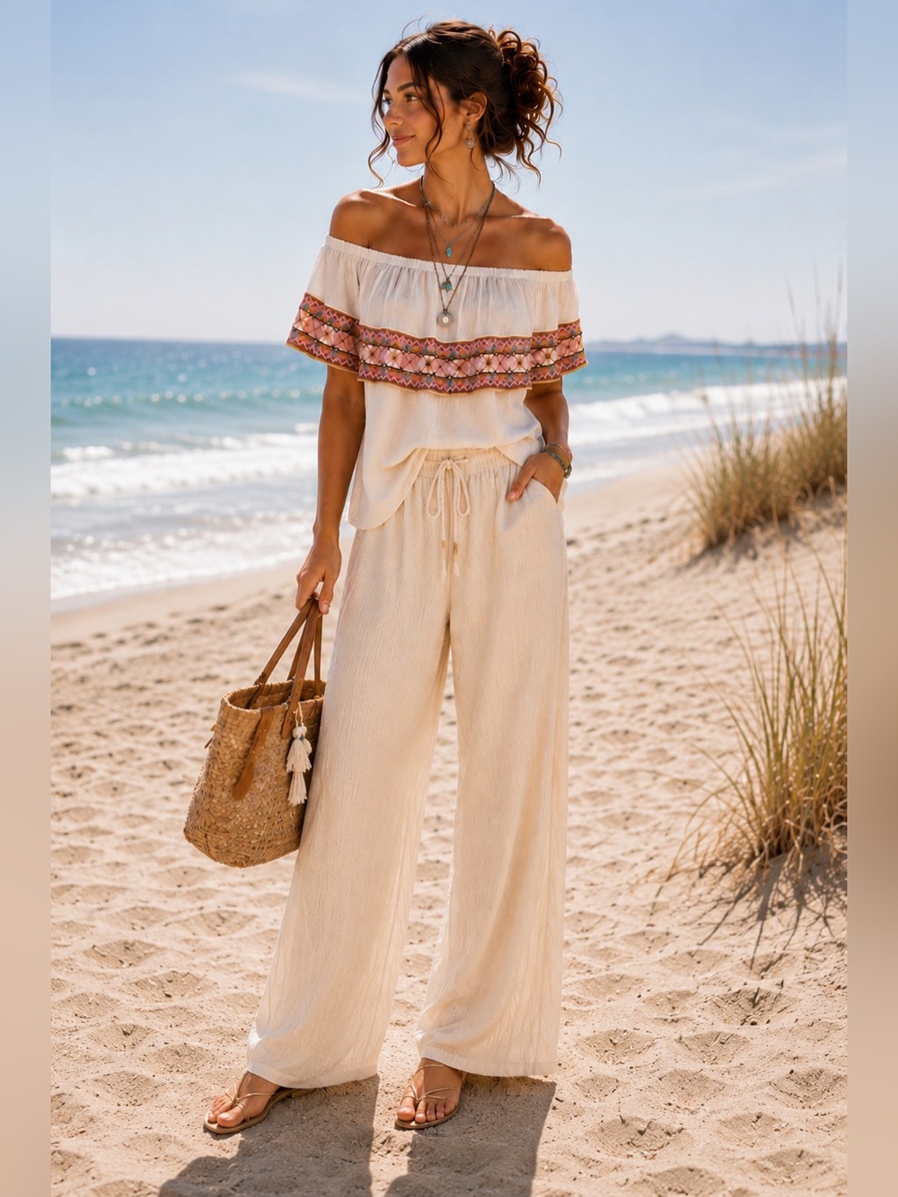 Boston Proper Embroidered Embellished Off Shoulder Boho Peasant Top Ivory S